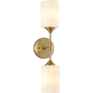 2-Lights Gold Wall Sconce with White Cylinder Glass Shades Modern Mid Century Bathroom Vanity Wall Light Fixtures Industrial Brushed Brass Wall Lamp for Bedroom Mirror Living Room Restaurant