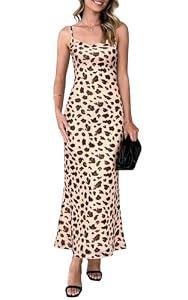 PRETTYGARDEN Womens Summer Dresses Spaghetti Strap Floral Maxi Dress Sleeveless Long Bodycon Dresses Wedding Guest Dress (Leopard Apricot, Medium)