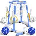 Pool Basketball Hoop&Ring Toss Game 2-in-1 Floating Pool Toy with 4 Balls 8 Rings&Pump,Outdoor Swimming Basketball Party Games Water Play Toy Anti-Tip Stable Base Summer Gift for Kid 4-8 8-12& Adult