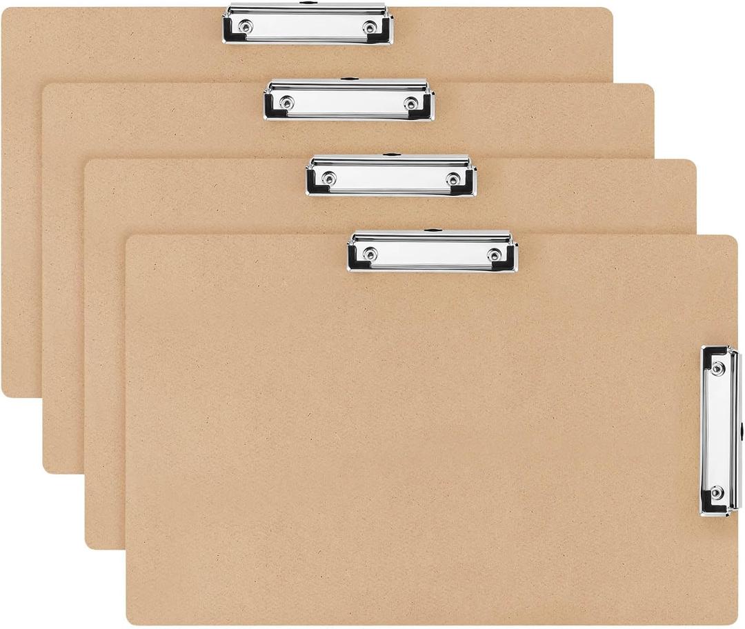 Henoyso 4 Pcs Extra Large 14x20 Inch Clipboard Wooden Lap Board with Low Profile Clip Brown Double Landscape Clip Hardboard Drawing Board Horizontal Clipboard for Paper Sketching Art Supplies
