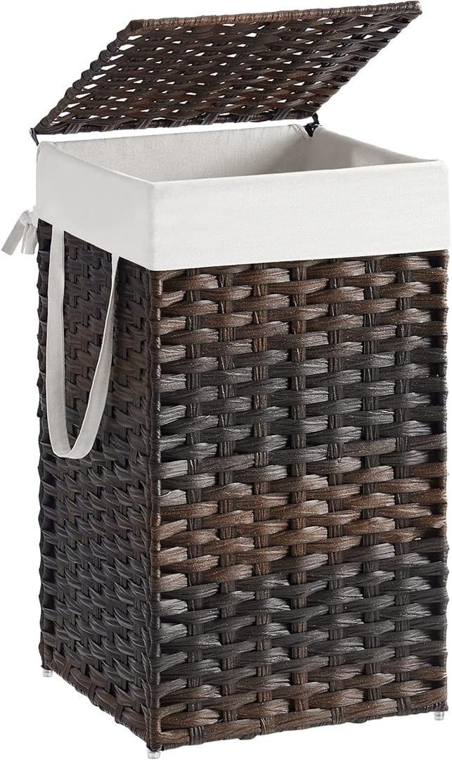 SONGMICS Laundry Hamper with Lid, 23.8 Gallon (90 L) Synthetic Rattan Clothes Laundry Basket with Lid and Handles, Foldable, Removable Liner, Brown ULCB51BK Size 23,5×18×11,5 Inch