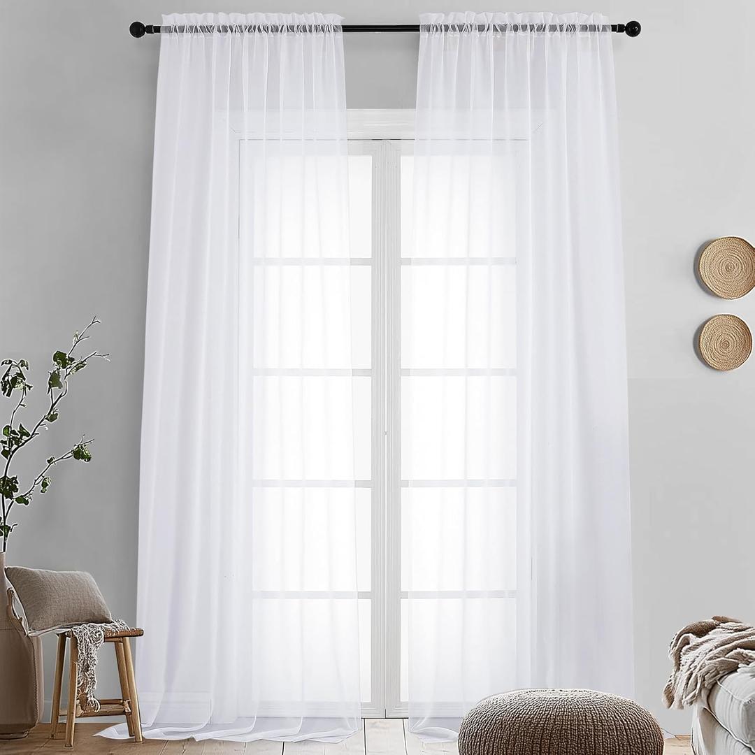 OVZME Sheer White Curtains 108" Inch Length 2 Panels Set, Light Filtering Soft Rod Pocket Voile White Drapes for Living Room/Bedroom, Each 42" W x 108" L