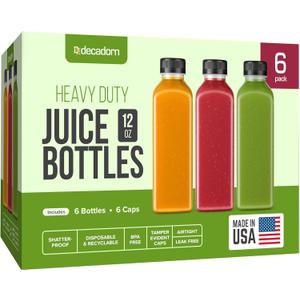 DECADORN 12 oz Plastic Juice Bottles With Caps - 6 Pack MADE IN USA Juicing Bottles Reusable - Juice Container For Fridge - Shatterproof, BPA-Free, Leak proof, Disposable & Recyclable