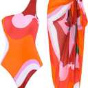 Women One-Piece Swimsuit with Cover up Sarong Wrap Skirt 2PCS Floral Bathing Suits Summer Holiday Beachwear (X-Large, Red & Orange)
