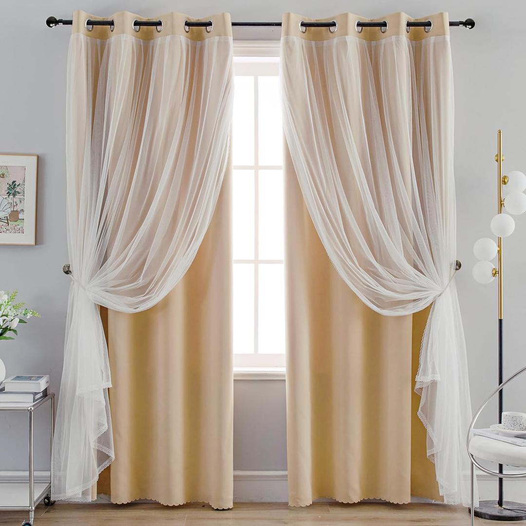 Anytime Home Curtains Blackout and Sheer Layered Solid Window Curtain Panel Pair with Grommet Top, 52Wx84L,Beige