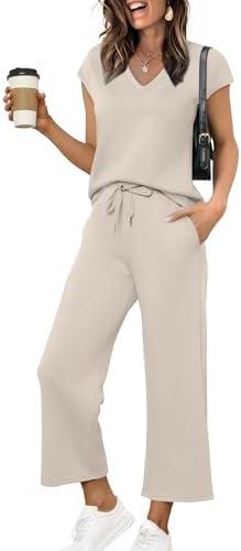 Saloogoe Two Piece Sets for Women Summer Outfits Lounge Sets V Neck Tops Wide Leg Pants Woman Vacation Travel Outfits, Large