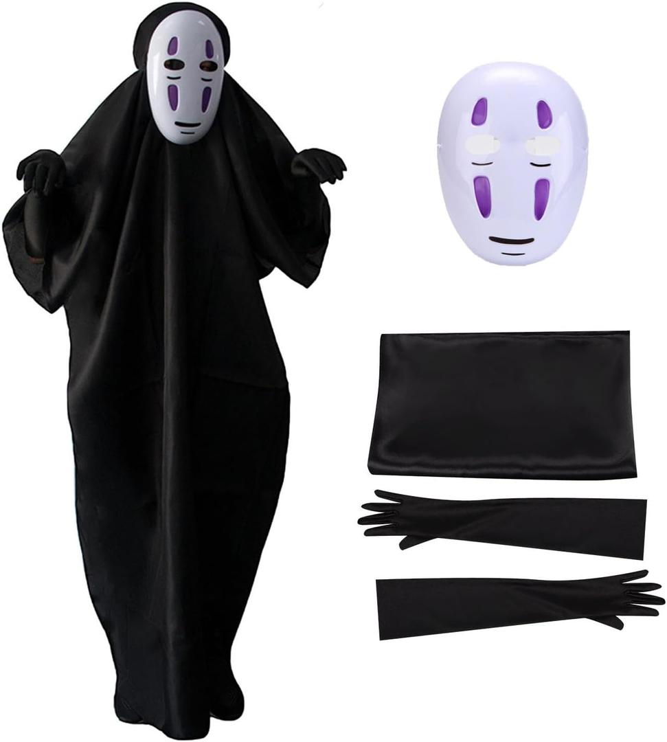 No Face Man Kaonashi Cosplay Costumes Halloween Outfits Full Set Costume Suit With Mask+Clothes+Gloves (Medium, Purple)