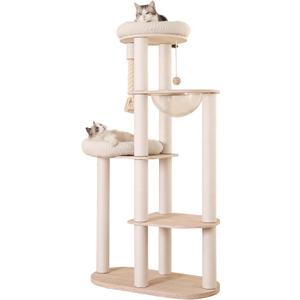 59" Modern Cat Tree Multi-Level Large Cat Tower Heavy Duty Wooden Cat Tree with Hammock,Cotton Scratching Post and Washable Cushions