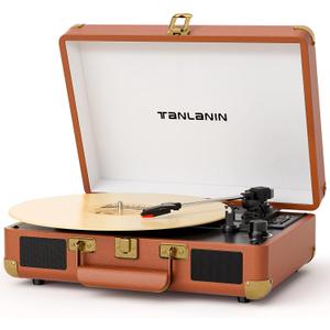 Vinyl Record Player with Built-in Speakers & USB Recording, Vintage 3-Speed Bluetooth Portable Suitcase Turntables Belt-Driven LP Player Support AUX/RCA/Headphone Jack, Brown Leather