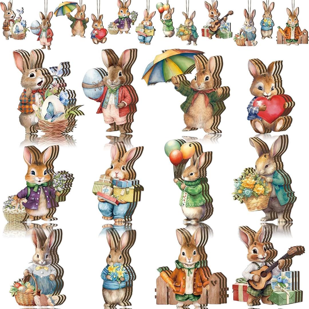 12Pcs Easter Hanging Ornaments Bunny Egg Wooden Ornaments with Flower Basket Design Tree Decorations Cute Rabbit Wood Cutouts Spring Easter Ornaments for Holiday Home Indoor Party Decorations DIY