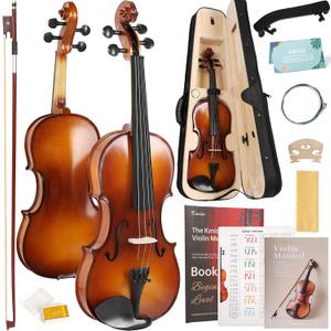 Kmise Violin 1/2 Size Starter Kit for Students Beginners Adults, Quality Ebony Acoustic Fiddle Set with Hard Case, Bow, Rosin, Extra Strings, Shoulder Rest, Guide & Chart