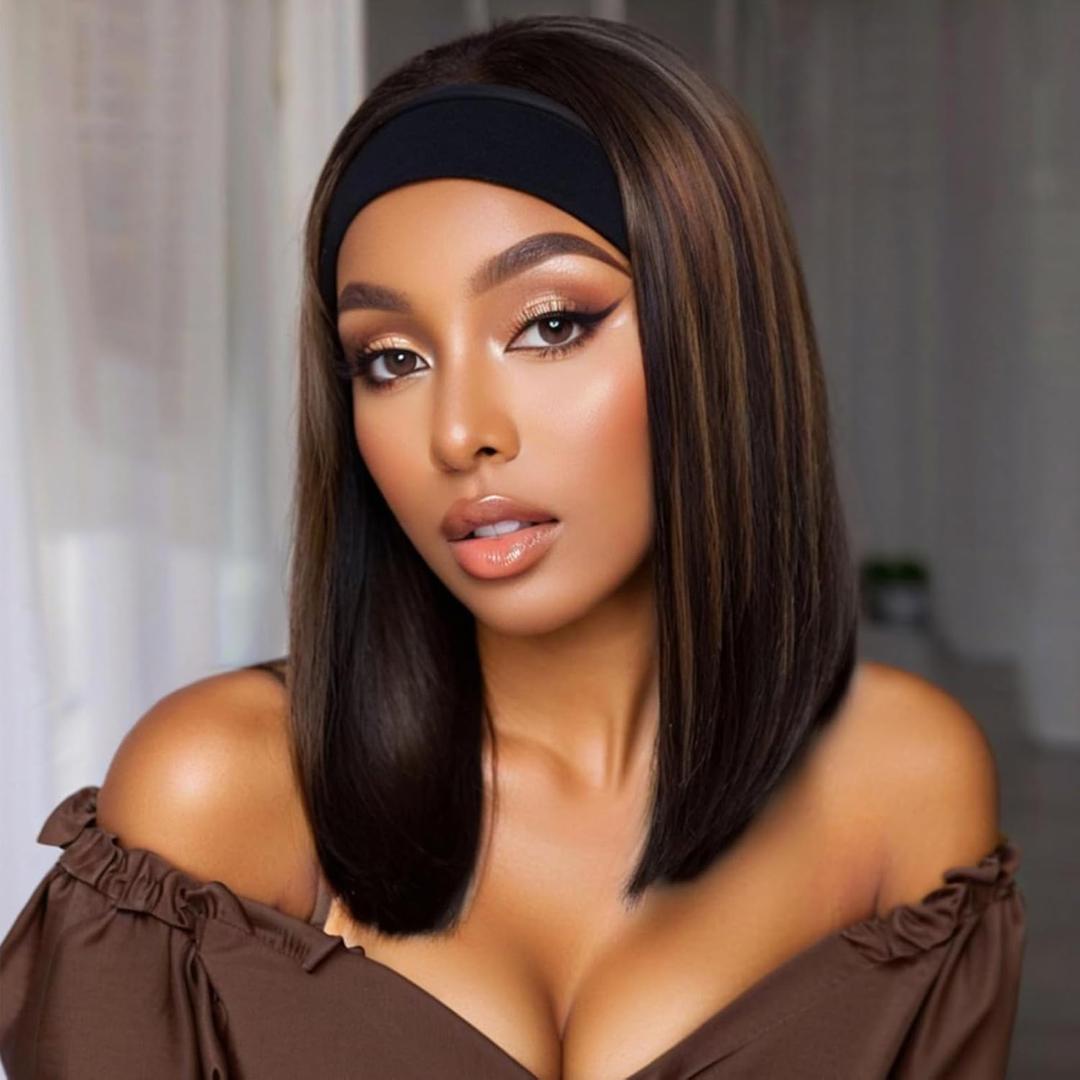 Short Bob Headband Wig Highlight Brown Straight Hair Put On And Go Synthetic Wig With Headband 12 Inch For Women