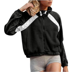 Women Fleece Jacket Zip Up Long Sleeve Patchwork Fall Winter Sherpa Coats Fashion Color Block Activewear with Pocket, S