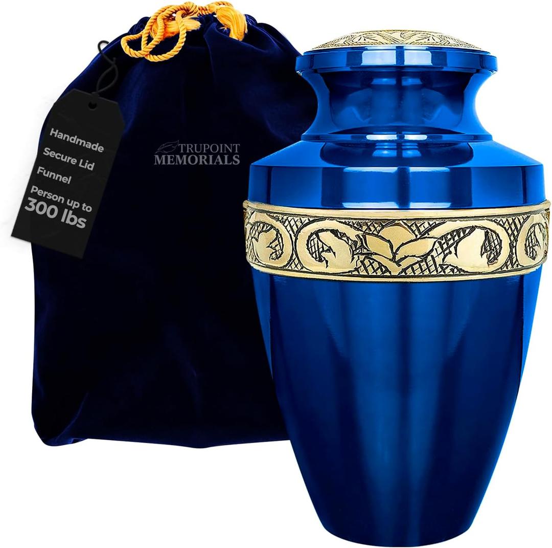 Trupoint Memorials Extra Large Urn for Ashes Adult Male or Female Up to 300 lbs  Cremation Urns for Human Ashes, Funeral Memorial Urns for Men & Women  Grecian Blue Gold