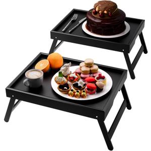 Fibogollo 2 Pack Bamboo Bed Tray Table with Folding Legs,Breakfast Trays,Serving Tray for Food and Snack,Laptop Trays for Working(Black)