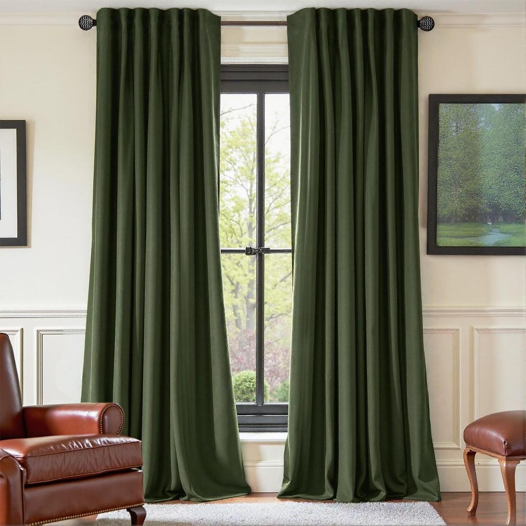 Nemia Olive Green Velvet Curtains Thermal Insulated Blackout Curtain for Bedroom Window Living Room Darkening Luxury Vintage 84 Inches Long Heavy Drapes Panels Back Tab Set of 2