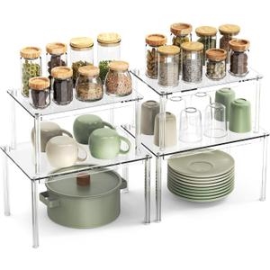 4Pack Acrylic Cabinet Organizer, Clear Cabinet Organizer Shelf, Spice Rack Organizer for Cabinet for Dishes, Spices, Soda Cans and Bottles, Stackable Shelves House Essentials for Gift
