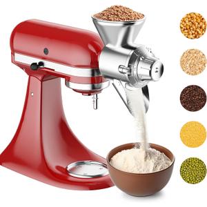 Metal Grain Mill Attachment for KitchenAid Stand Mixer, Flour Mill Grinder for Kitchen Aid Accessories and Attachments, Fit for Grinding Non-Oily Dry Grain Corn, Coffee Bean, Buckwheat, Oats, Millet (Silver)