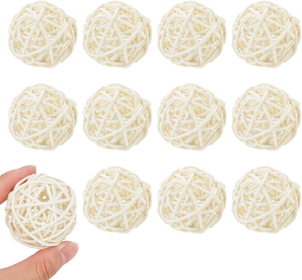 12PCS 2 Inch White Wicker Rattan Balls Fade Resistant Decorative Orbs for Home Decor Wedding Centerpiece Bowls Vase Fillers Decorative Spheres for Bowls Table Decor (50mm)