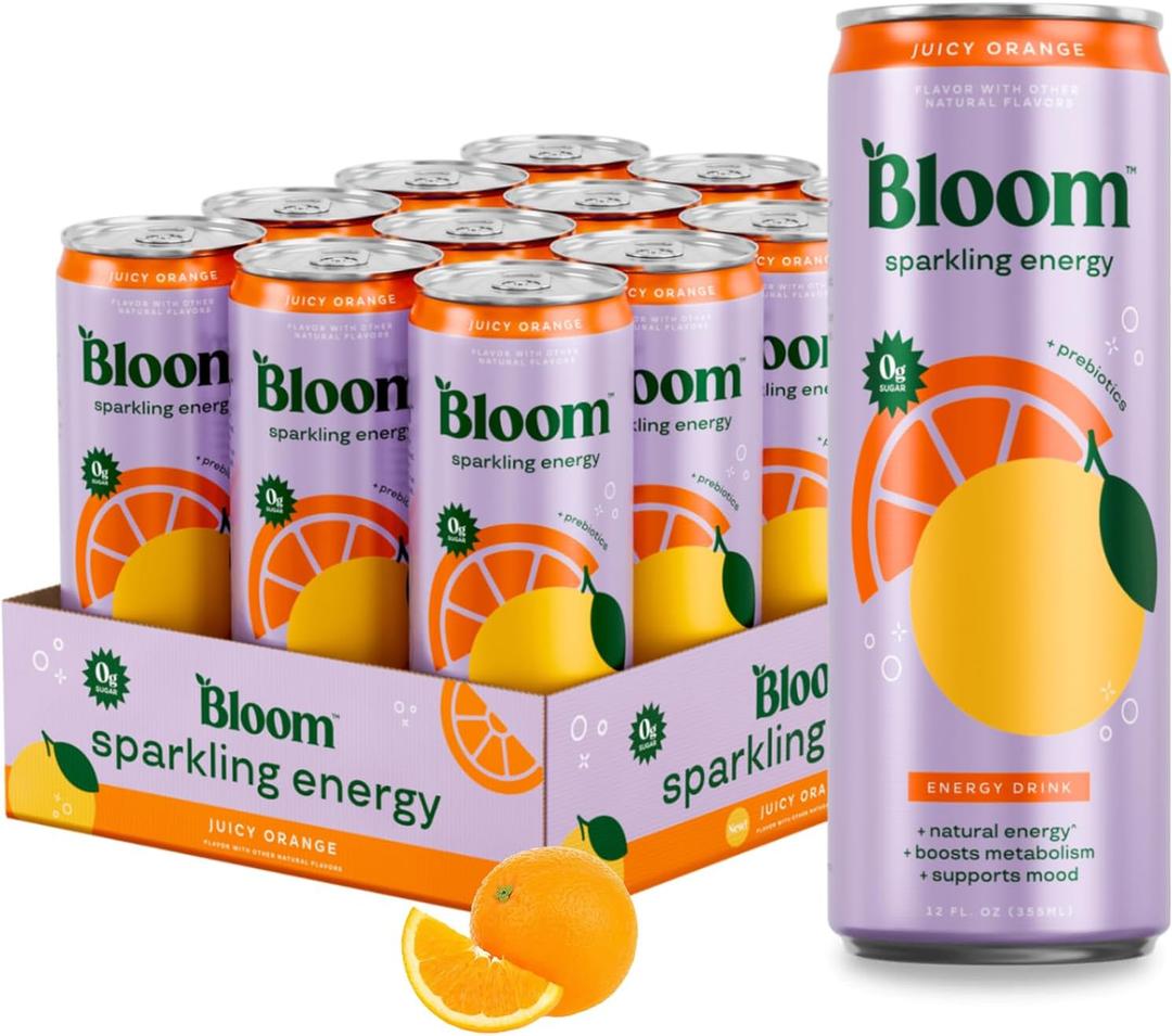 Bloom Nutrition Zero Sugar Energy Drink, Orange, 12oz 12pk (EXP 10/01/27)