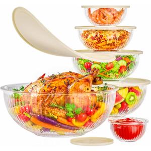 Jelife Glass Mixing Bowls with Lids Sets - 6 Packs Size: 5.9-3.7-2.1-1-0.5-0.2QT, Borosilicate Nesting Glass Bowls Containers for Baking, Salad, Meal Prep, Serving, Food Storage, BPA Free & Dishwasher Safe