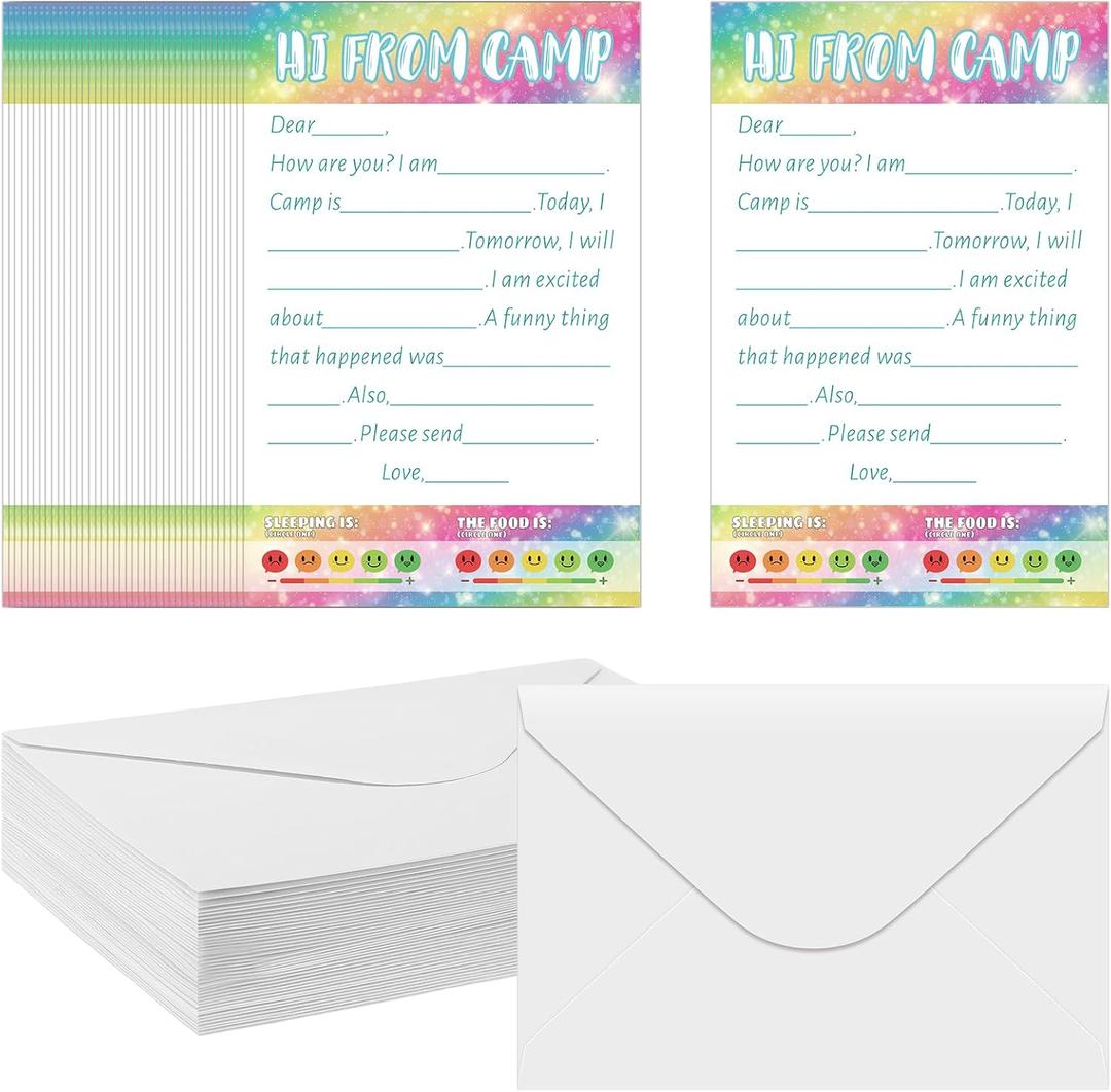 Janlaugh 80 Pcs Camp Stationery Set 40 Fill in the Papers 40 Matching Envelopes Camp Stationery Papers and Envelopes for Letter Writing Boys Girls Campers(Cute)