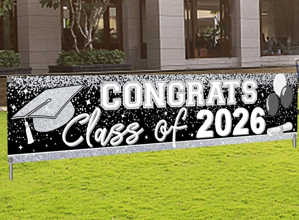 Black and Silver Graduation Decorations Class of 2026 Banner Black and Silver Congrats Grad Banner Graduation Yard Sign for High School College Commencement Party