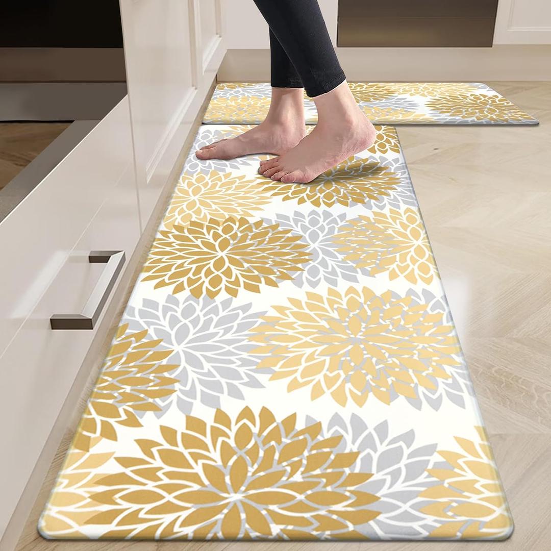 HEBE Anti Fatigue Kitchen Rug Sets 2 Piece Non Slip Kitchen Mats for Floor Cushioned Kitchen Rugs and Mats Waterproof Comfort Standing Mat Runner for Kitchen, Home Office, Sink, Laundry (17.3"x48"+17.3"x28"-0.4"Th, Yellow)