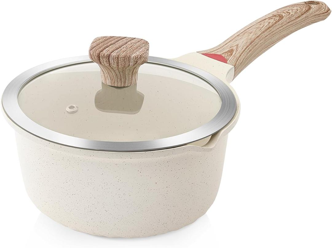 VINCHEF Nonstick Saucepan with Lid, 2QT Sauce Pan with Stay Cool Handle, Non Stick Small Cooking Pots Induction pot, Dishwasher Safe, Compatible for All Stove Top, PFAS and PFOA Free White