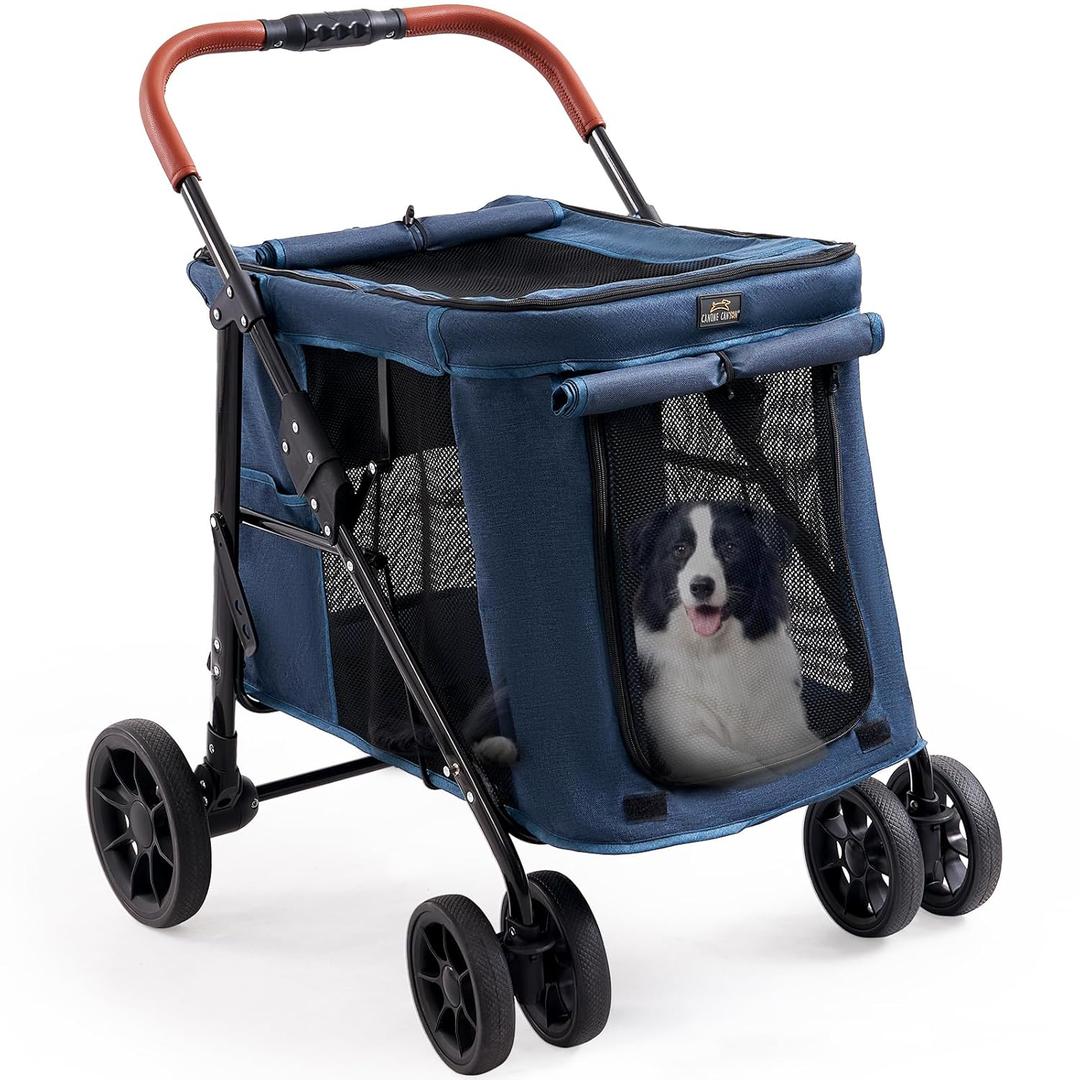 Upgraded 4 Wheels Pet Stroller for Small/Medium Dogs- One Button Fold, Adjustable Mesh Windows and Shades, 360 Swivel Front Wheels and Rear Wheel Brake (Navy Blue)