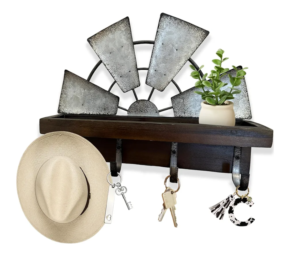 Windmill Key Holder Wall Mount, Decorative Wall Mounted Key and Mail Rack with Shelf, Farmhouse Wall Decor, 4 Rustic Key Hooks for Coats & Keys, Brown Key Holder