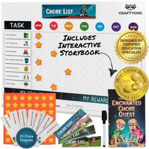 Magnetic Dry Erase Chore Chart for Kids with 34 Chore & Title Magnets, 49 Star Incentive Magnets, Storybook - Reward, Behavior, and Responsibility Chart for Toddler and Kids at Home