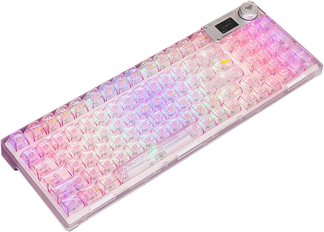 F98 Pro 95% Hot-Swappable Mechanical Keyboard  Transparent Keycaps, RGB Backlit Gaming Keyboard, Tri-Mode BT5.0/2.4G/USB-C, OLED Display, 4000mAh Battery, Pink