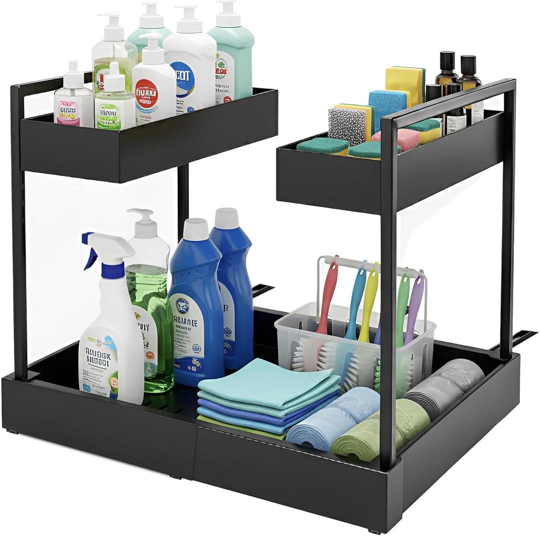 Expandable Under Sink Organizer, 2-Tier Height Adjustable Sliding Rack, Carbon Steel Frame with Ball-Bearing Slides, 12.820.5 Width for Kitchen & Bathroom(Does Not Fit Cabinets with Middle Divider)