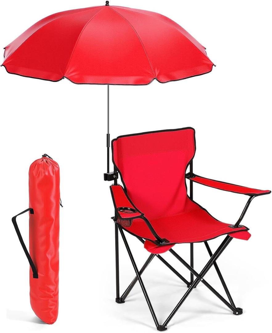 Yuntau 1 Set Beach Chair with Umbrella Foldable Camping Chair Fold up Umbrella with Universal Clamp Large Portable for Outdoors Fishing Camping Hiking Travel Picnic Beach(Red,Classic)