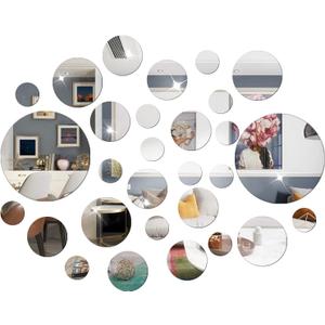 DIY Wall Decals Acrylic Mirror Sticker Set 60 Pcs, Circle Mirror Wall Stickers for Living Room Bedroom Decor(Silver)