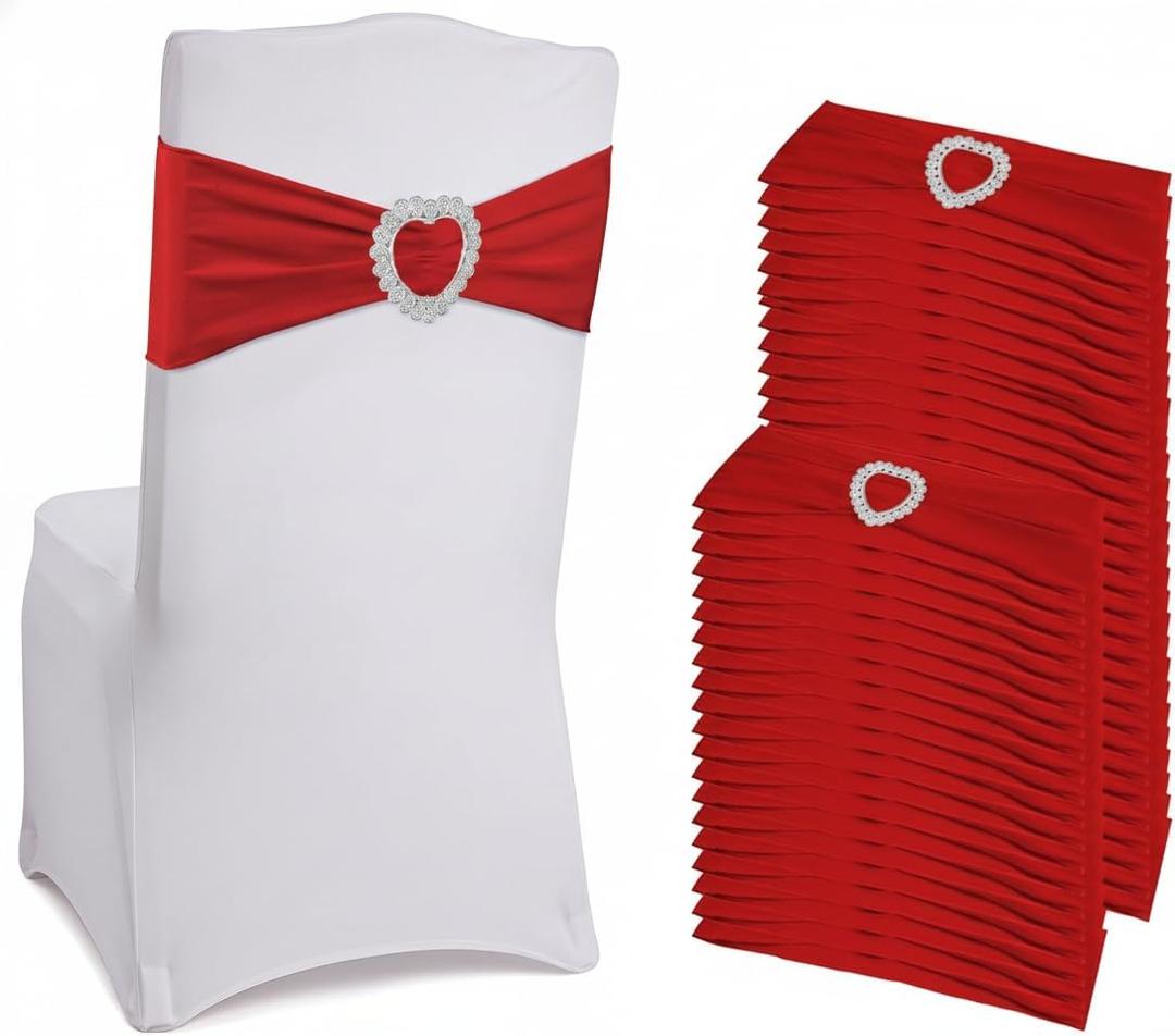 150 Pieces Chair Sashes & Bows - Stretch Spandex Chair Cover Band with Buckle for Wedding, Hotel Banquet, Birthday Party & Home Bulk Decorations (Red)