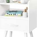 Yoobure Modern Nightstand with Drawer, Bedside Tables, Mid Century Nightstands with Open Storage Shelf, Wood Bedside Table, Small Night Stands for Bedrooms, 2-Tier Night Table (White)