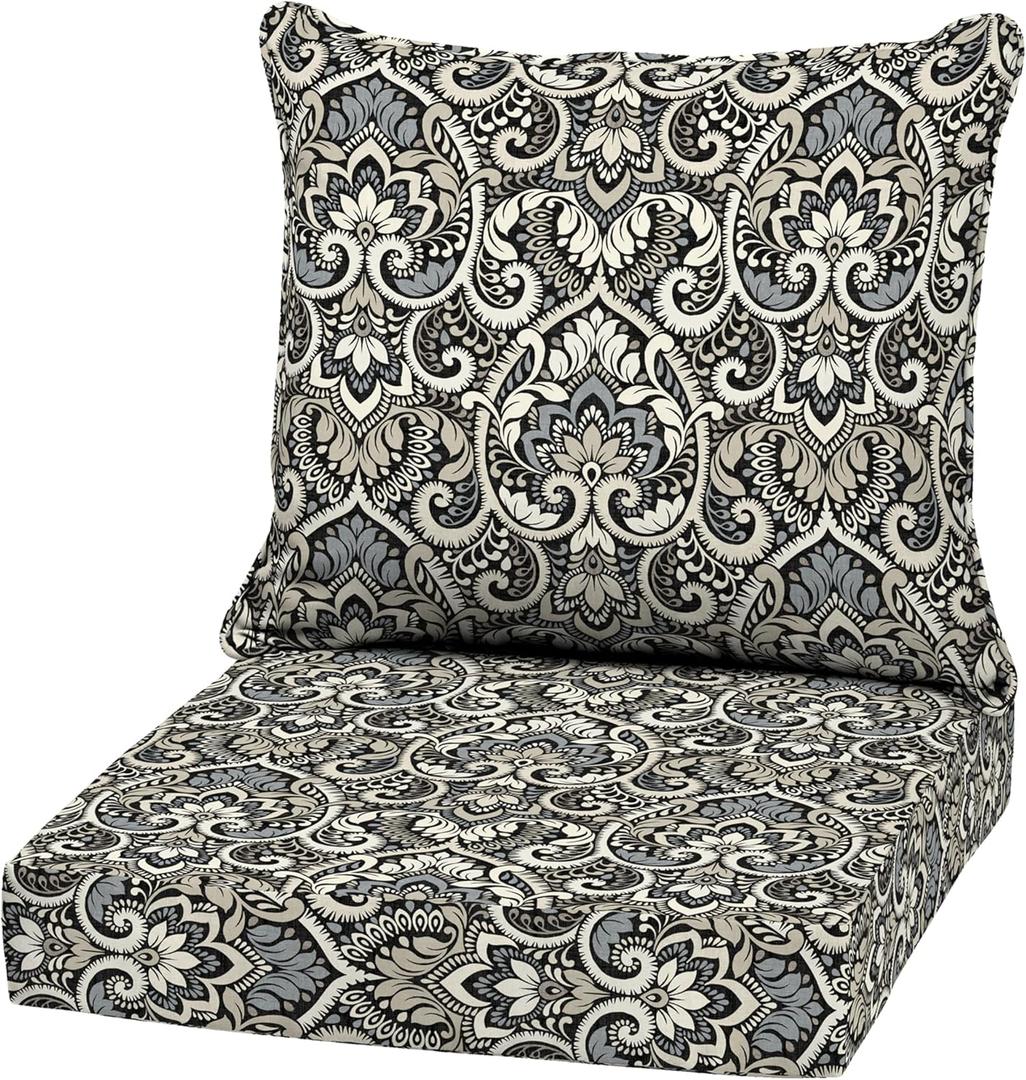 Arden Outdoor Deep Seat Cushion Set, 22 in x 24 in, Weather-Proof, Rain-Proof, Fade Resistant Patio Cushion Black Aurora Damask (1 Pack)