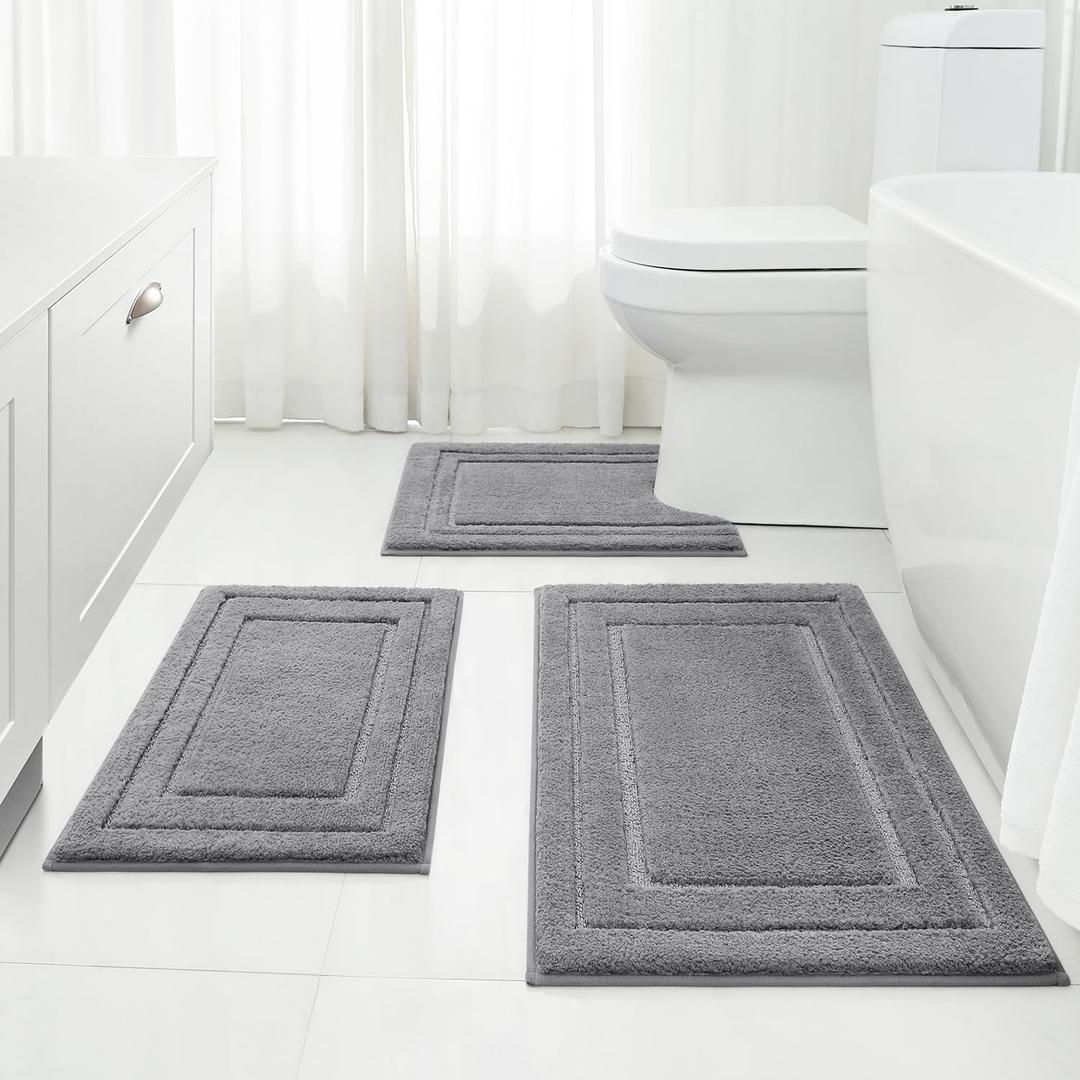 HOMEIDEAS Bathroom Rugs Sets 3 Piece, Super Soft and Absorbent Non Slip Microfiber Toilet Bath Mat with U-Shaped (Grey) (1'4" x 2'8" (16"x24"+20"x32"+U Shape 20"x24"))