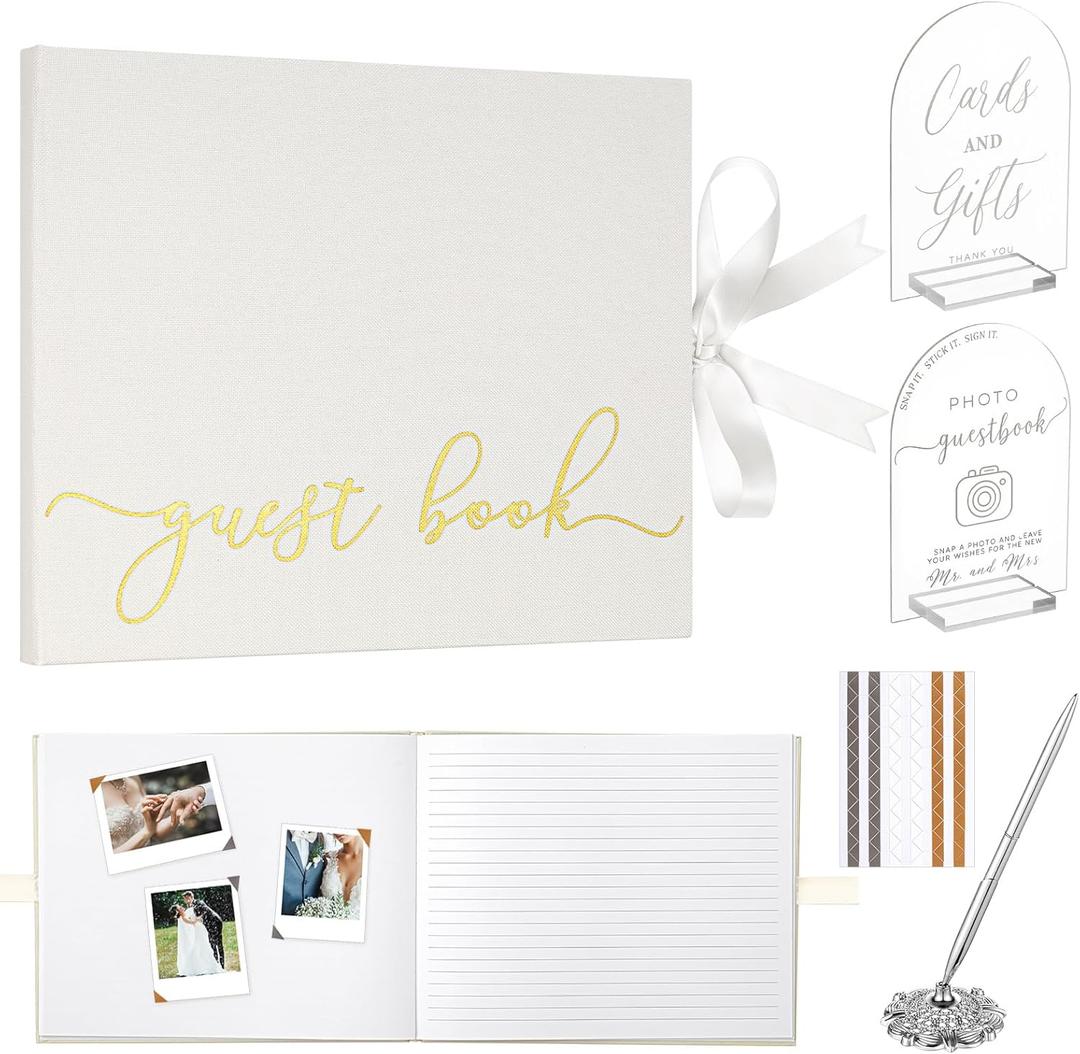 Linen Wedding Guest Book Set 2026 Photo Reception Guestbook Hard Cover 50 Pages with 2 Acrylic Wedding Signs 5 Sheets Photo Corners Stickers 1 Set Silver Pen for Bridal Shower(Classic Beige)
