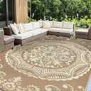 Capslpad Outdoor Rug 9x12 Patio Waterproof Boho Floral Plastic Straw Rug Large Foldable Vintage Outside Carpet with Carry Bag for RV Backyard Balcony Bench Picnic Porch, Beige