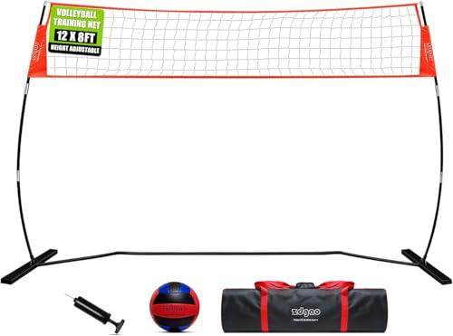 12FT Freestanding Volleyball Training Net for Indoor, Outdoor or Backyard, Portable Volleyball Practice Net with Height Adjustable, Ball and Carry Bag for Hitting or Serving Drills