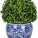 DILATATA Artificial Topiary Boxwood Ball in Blue and White Ceramic Pot, 10 Inch Artificial Boxwood in Planters Decorative Fake Greenery for Table Centerpiece Indoor Plant Home Decor - Medium