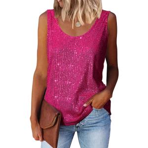 MLEBR Womens Summer Fashion Sequin Tops Scoop Neck Sequin Sparkle Shimmer Sleeveless Tanks Tops Blouses (X-Large, Fuchsia)