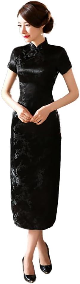 Women Cheongsam Long Dress Evening Short Sleeve Slim Fit Maxi Dress Floral Faux Silk Stand Collar Bodycon Qipao (4X-Large, Black)