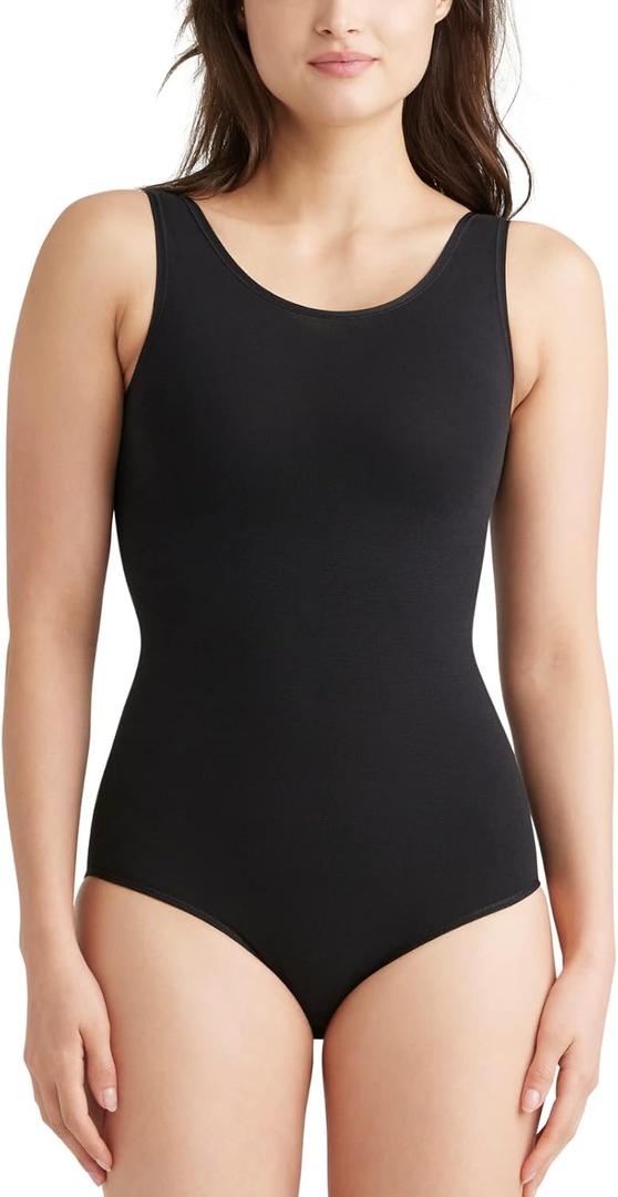 Essentials by Tummy Tank Women's Seamless Scoop Neck Shaping Full Back Bodysuit, Black, L/XL
