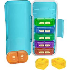 Weekly Pill Organizer 2 Times a Day, Moisture-Proof, Detachable Compartments, AM PM Pill Box 2X 7 Day, Travel Pill Organizer for Pills/Fish Oil/Medication/Vitamin/Supplements (Blue + Colorful)