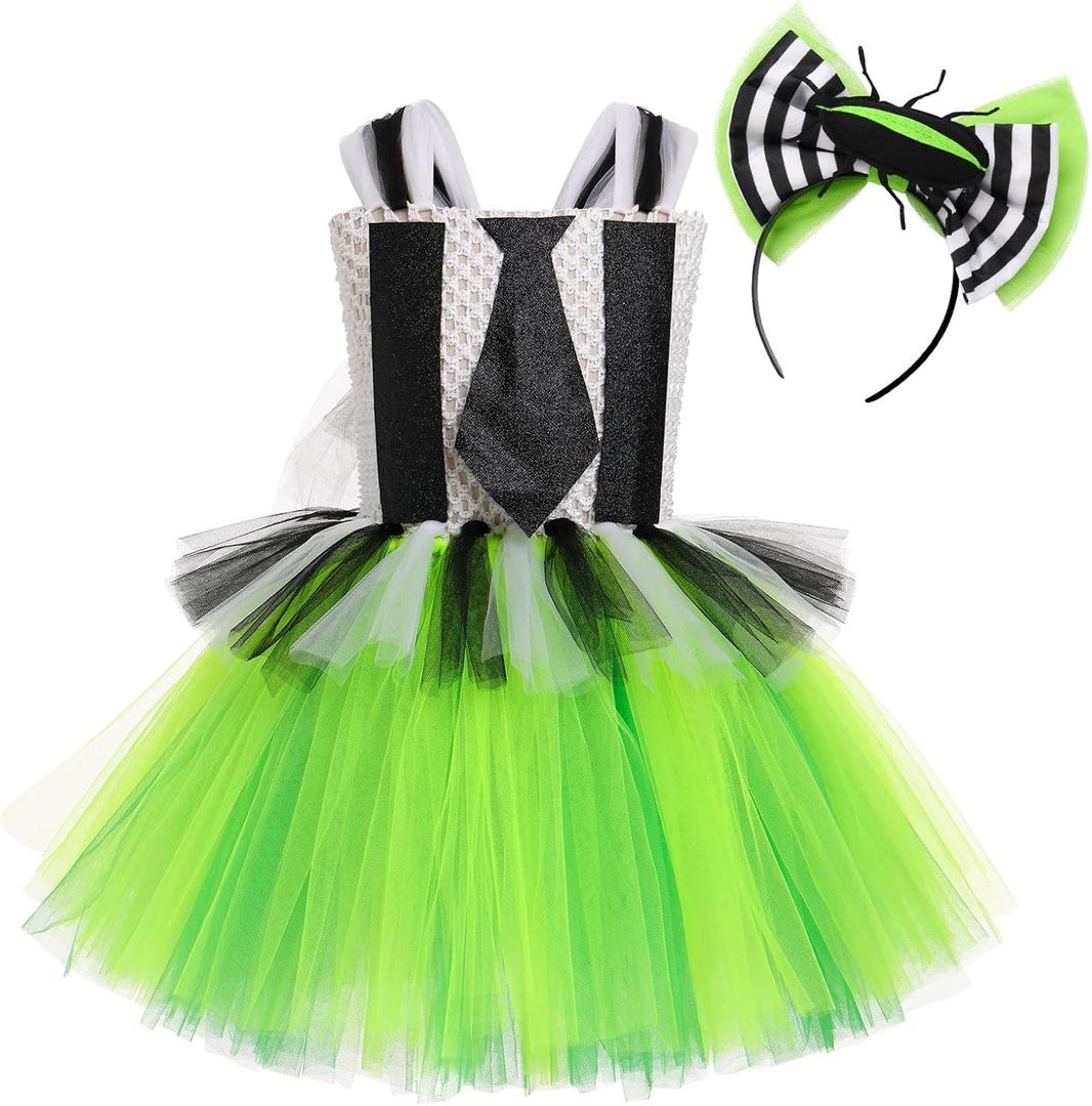 IDOPIP Kids Girls Halloween Costume Black and White Striped Costume Suit Clown Tutu Dress Headband Outfits for Photo Shoot (6-7 Years, Green)