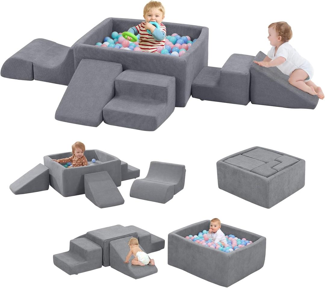 Foam Climbing Toys for Toddlers with Large Ball Pit, Foam Climbing Blocks, Soft Play Climb and Crawl Activity Playset, Toddler Play Crawling Climbing Sliding Indoor (Excluding Balls) (Grey)